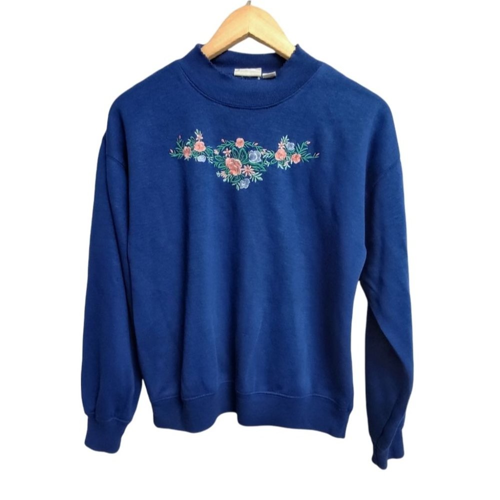 Vintage Ginger Tree Mock Neck Blue Floral Acrylic Sweatshirt Size Large
